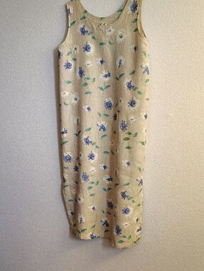 C.C. Collection Women's Size XL Beige Floral Linen Dress Blue Flowers B17 P X